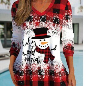 2 pic Women Christmas Plaid Snowman Print Casual T-Shirt, buy one get one free